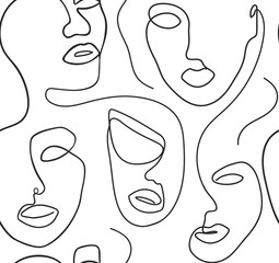 Seamless background with women's faces one line style. Female superiority stylized pattern. Modern printable design