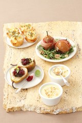 Appetizers with pears - soup, salad, tartlets, baked pears