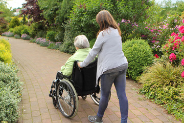 woman carries a disabled person in a wheelchair along the garden, rear view, the horizon is sloped for speakers