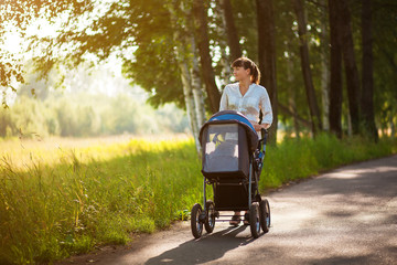 A young mother and a child in a stroller are walking in the park. Walking with the family in nature, in the fresh air