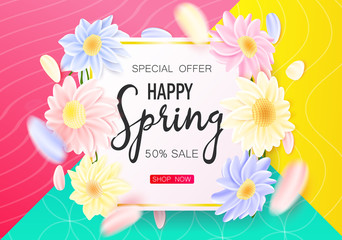 Spring Frame Sale Banner Isolated On Colorful Background. Modern Spring Style Template Without Inscription With Petals. Shiny Holiday Design Can Be Used On Banners, Flyers, Web. Vector Illustration.