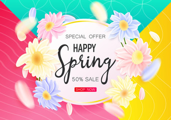 Spring Frame Sale Banner Isolated On Colorful Background. Modern Spring Style Template Without Inscription With Petals. Shiny Holiday Design Can Be Used On Banners, Flyers, Web. Vector Illustration.