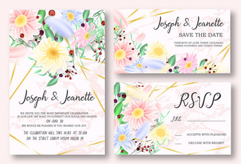 Invite Template Wedding Cards. RSVP, Save The Date, Retro Beautiful Pink Marble Design With Flovers, Grean Leaf, Berries And Branches Decorative Frame Pattern. Vector Illustration. EPS 10.