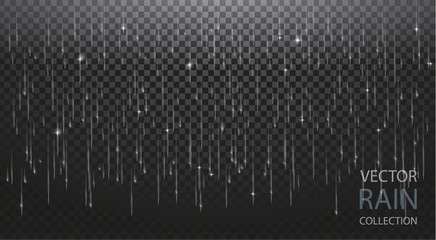 Vector High quality Rain Collection Set Isolaed on Transparent Background. Can be used on flyers, banners, web or any project. Falling water drops. Nature texture rainfall on black background. EPS 10.