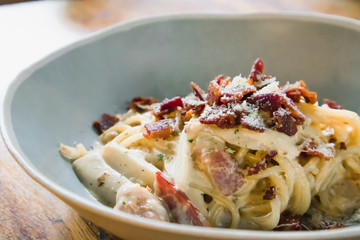 Carbonara pasta, spaghetti with ham, baecon, cheese and cream sauce