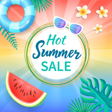Hot summer sale background with tropical leaves, vanilla flowers, slice of watermelon, sunglasses and lifebuoy. Sun rays, cute summertime backdrop vector