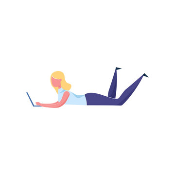 Young blonde girl rest on room floor and working at laptop