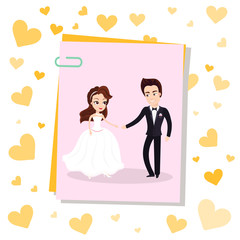 Photo card on clip with happy newlywed couple dancing first dance. Vector just married husband and wife in wedding white dress and black suit sincerely smiling