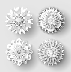 Flowers made of paper vector, isolated set of floral elements with ornaments, rounded shapes of plants with petals and foliage, shades of decoration