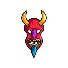Red demon mask with yellow horns and blue beard
