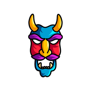 Scary monster mask with violet mustache and yellow horns
