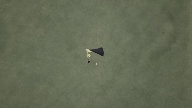 aerial view directly above a golf course putting green, a golf ball lands near the hole