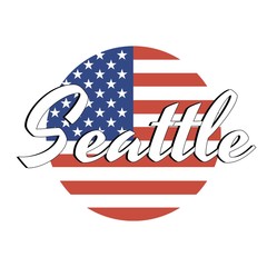 Circle button Icon of national flag of The United States of America with red and blue colors and inscription of city name: Seattle in modern style. Vector EPS10 illustration.