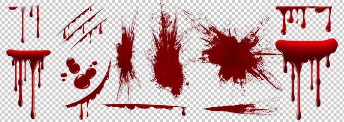 Schilderijen op glas Realistisch Halloween-bloed dat op transparante achtergrond wordt geïsoleerd. Bloeddruppels en spatten. Kan worden gebruikt op halloween-ontwerp, medisch, gezondheidszorg, flyers, banners of web. Vector bloed illustratie. EPS-10. © Ilya