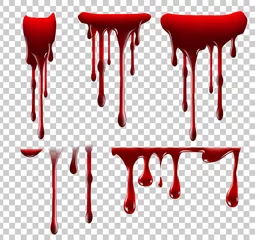 Fotobehang Realistic Halloween blood isolated on transparent background. Blood Drops and splashes. Can be used on halloween design, medical, healthcare, flyers, banners or web. Vector blood illustration. EPS 10. © Ilya