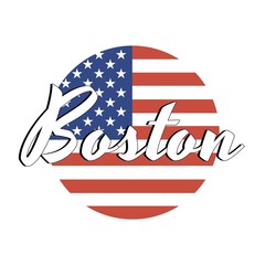 Circle button Icon of national flag of The United States of America with red and blue colors and inscription of city name: Boston in modern style. Vector EPS10 illustration.