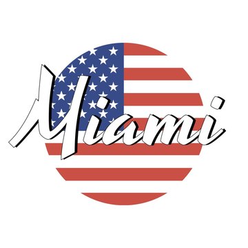 Circle button Icon of national flag of The United States of America with red and blue colors and inscription of city name: Miami in modern style. Vector EPS10 illustration.