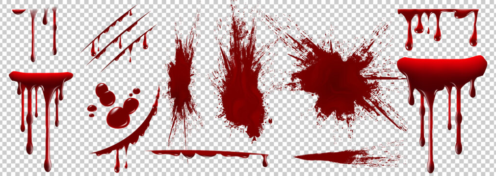 Realistic Halloween blood isolated on transparent background. Blood Drops and splashes. Can be used on halloween design, medical, healthcare, flyers, banners or web. Vector blood illustration. EPS 10.