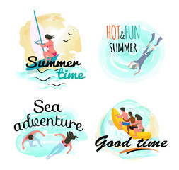 Summer time and sea adventure vector, people having fun by seaside. Man and woman riding inflatable banana boat, hot and fun summer ,windsurfing and scuba diving swimming