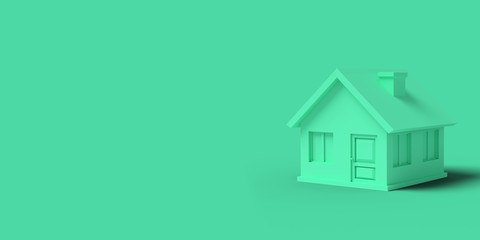 Green empty house on a yellow background abstract image. Minimal concept building business. 3D render.