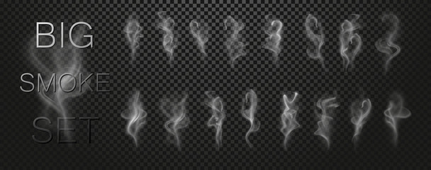 Big smoke vector set collection isolated on transparent background. Realistic white grey steam waves from tea, fire, cigarettes. Decorative vapor air nature effect. Vector illustration. EPS 10.