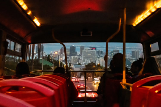 Cap town , South africa - October 2018 :Font view of Cape Town City Sightseeing bus on evening
