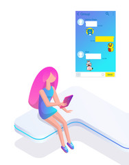 Person using kakao talk messenger vector, stickers on chatting page. Young woman, girl and interface of Korean social network, emojis and emoticons