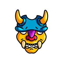 Colorful yellow horns mask with blue helmet and scary tooth