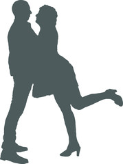 Silhouette of embracing lovers. The arms of men and women after a long separation of lovers in each other. A girl in a dress, a man in a suit. The girl put one leg back and leaned on her lover.