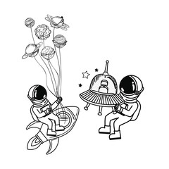 silhouette of astronaut and alien spacecraft in space