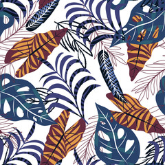 Seamless pattern with tropical plants on white background. Vector design. Jungle print. Textiles and printing.