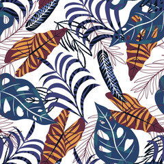 Fototapeta premium Seamless pattern with tropical plants on white background. Vector design. Jungle print. Textiles and printing.