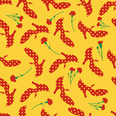 Spanish fair. Seamless pattern of flamenco shoes and red carnations.
