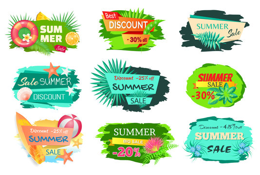 Summer time sale 20 and 30 percent of reduction vector. Banners set with starfish and seashell. Leaves of palm tropical trees plants lifebuoy and ball