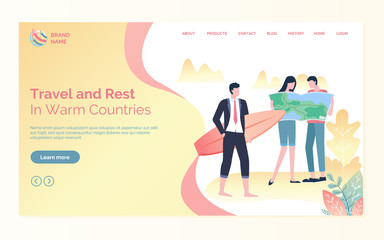 Travel and rest in warm countries online webpage, person in suit holding surf, man and woman holding map, tourists and holiday tour lifestyle vector