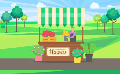 Flower shop vector, summer market outdoors, natural environment and person with plants potted in special containers. Business of people flora decor