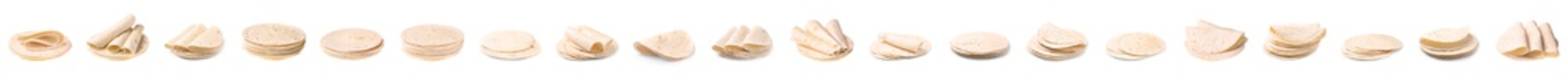 Set of delicious tortillas on white background. Unleavened bread