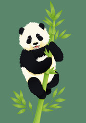 Happy smiling baby giant panda climbing green bamboo tree. Black and white chinese bear cub. Rare, vulnerable species. © Tatiana Zhzhenova