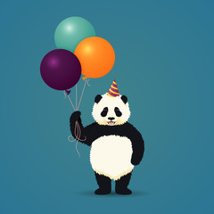 Smiling baby panda standing on hind legs holding three balloons. Black and white chinese bear cub. Rare, vulnerable species. Greeting card, poster design template.