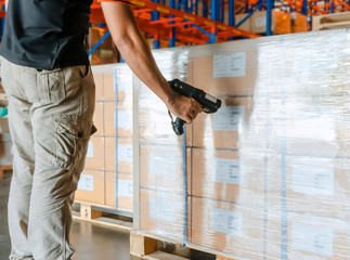 Workers Scanning Bar Code Scanner on Package Boxes. Shipping Warehouse. Computer Mobile Work Tools...