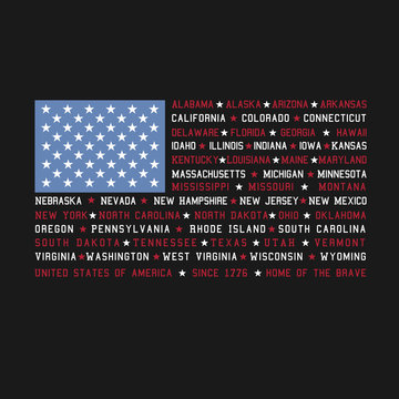 4th of July Fourth Independence Day Patriotic American USA Flag with 50 States listed in place of red and white stripes with stars holiday