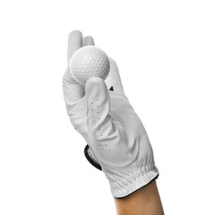 Player holding golf ball on white background, closeup