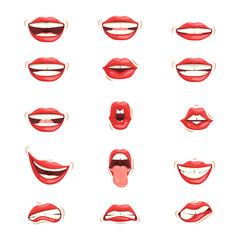 Set of red female lips. Various expressions of emotions, a collection of gestures. Female lips express different emotions.