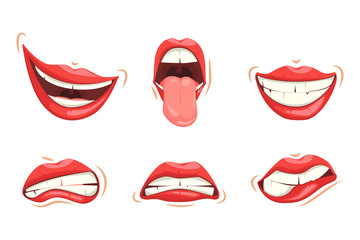 Set of red female lips. Various expressions of emotions, a collection of gestures. Female lips express different emotions.
