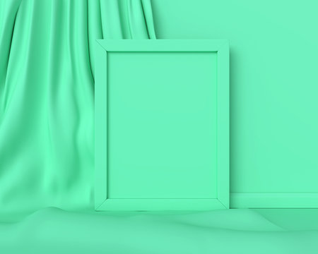 Green Frame Vertical Mockup On A Green Fabric Background Abstract Image. Minimal Concept Art Business. 3D Render.