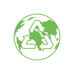 Green planet Earth and a recycling sign on a white background. Environmental concept. Vector illustration