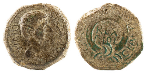 Ancient Roman copper coin. Semis of Emperor Augustus. Coined in Cartagonova.