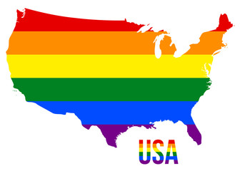 Obraz premium USA Map in LGBT Rainbow Flag Comprised Six Stripes With USA LGBT Text