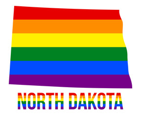 North Dakota State Map in LGBT Rainbow Flag Comprised Six Stripes With North Dakota LGBT Text