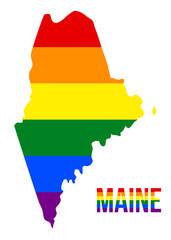 Maine State Map in LGBT Rainbow Flag Comprised Six Stripes With Maine LGBT Text